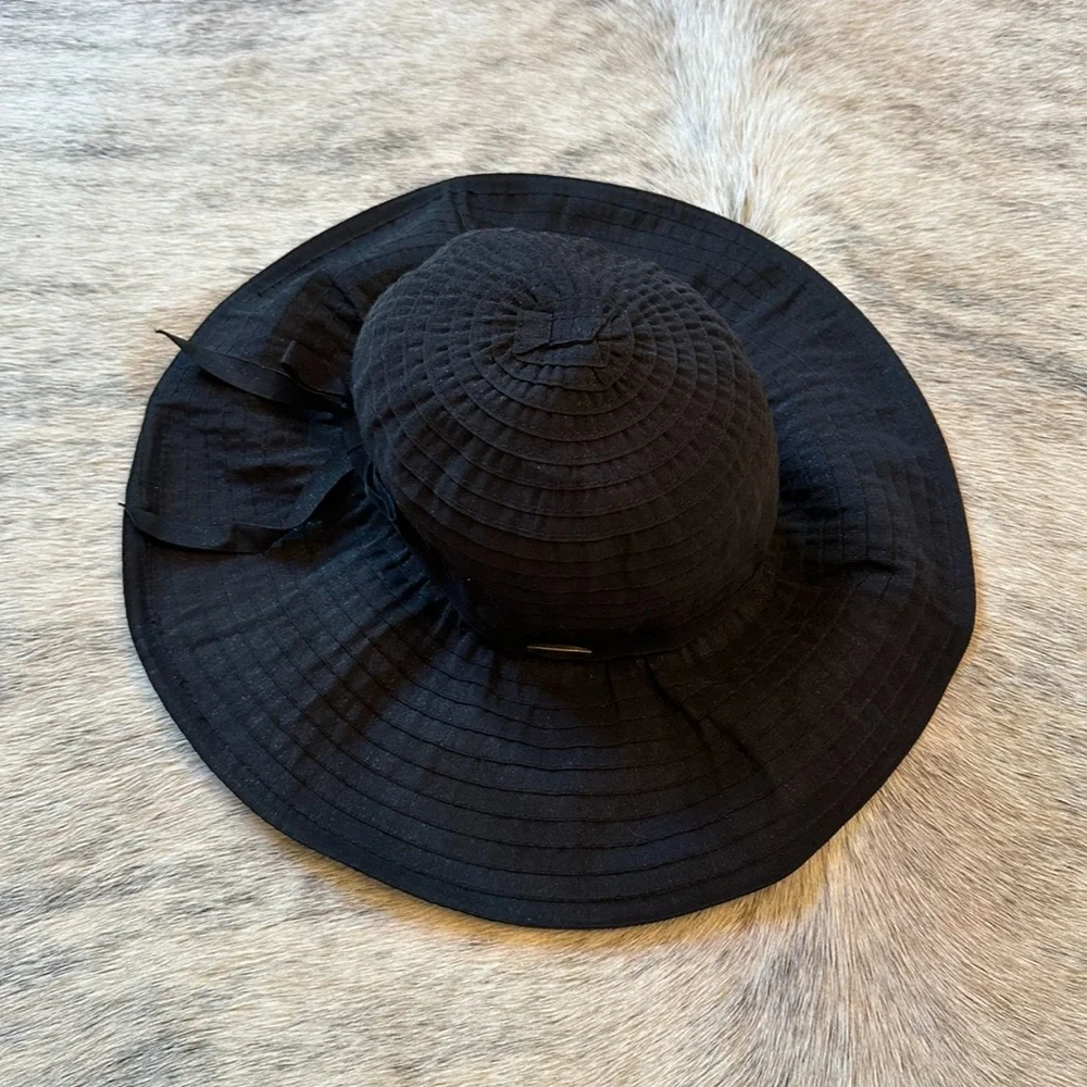 NWOT Cappelli Straworld Black Oversized Ribbon Sun Hat UPF 50+ 5” Brim, Packable - Picture 13 of 14